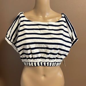 Free People BEACH Navy White Striped Elastic Hem & Sleeve CROP TOP Sz XS